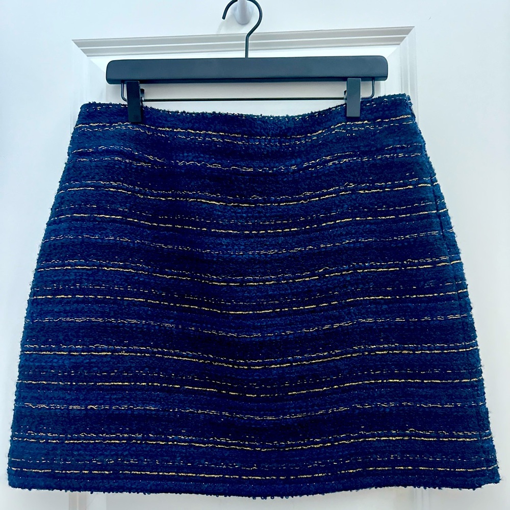 LOFT Mini skirt, navy wool with sparkly gold details.